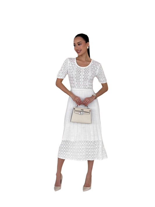 Classic White Midi Dress for Women with Short Sleeves