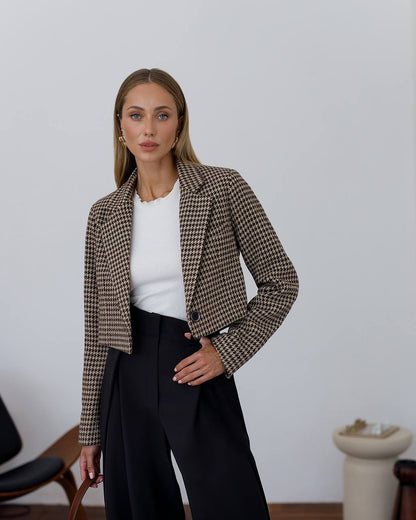Women's Premium Houndstooth Pattern Blazer Cropped Suit Jacket