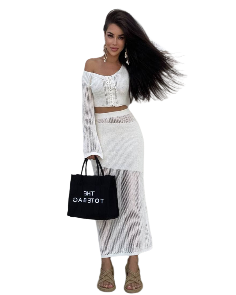 Women Summer White Knitted Two-Piece Suit Crop Top and Long Skirt