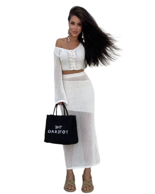 Women Summer White Knitted Two-Piece Suit Crop Top and Long Skirt