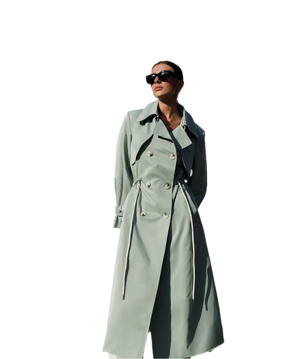 Womens Long Trench Coat Memory Cotton Double Breasted Belted