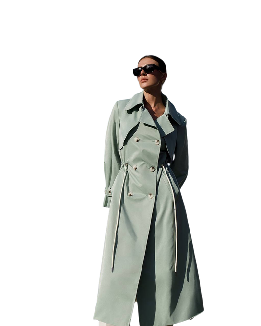 Womens Long Trench Coat Memory Cotton Double Breasted Belted
