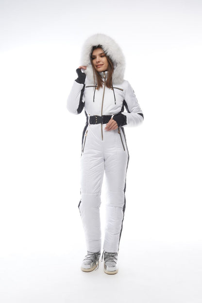 Person wearing a white snowsuit with black accents on a white background