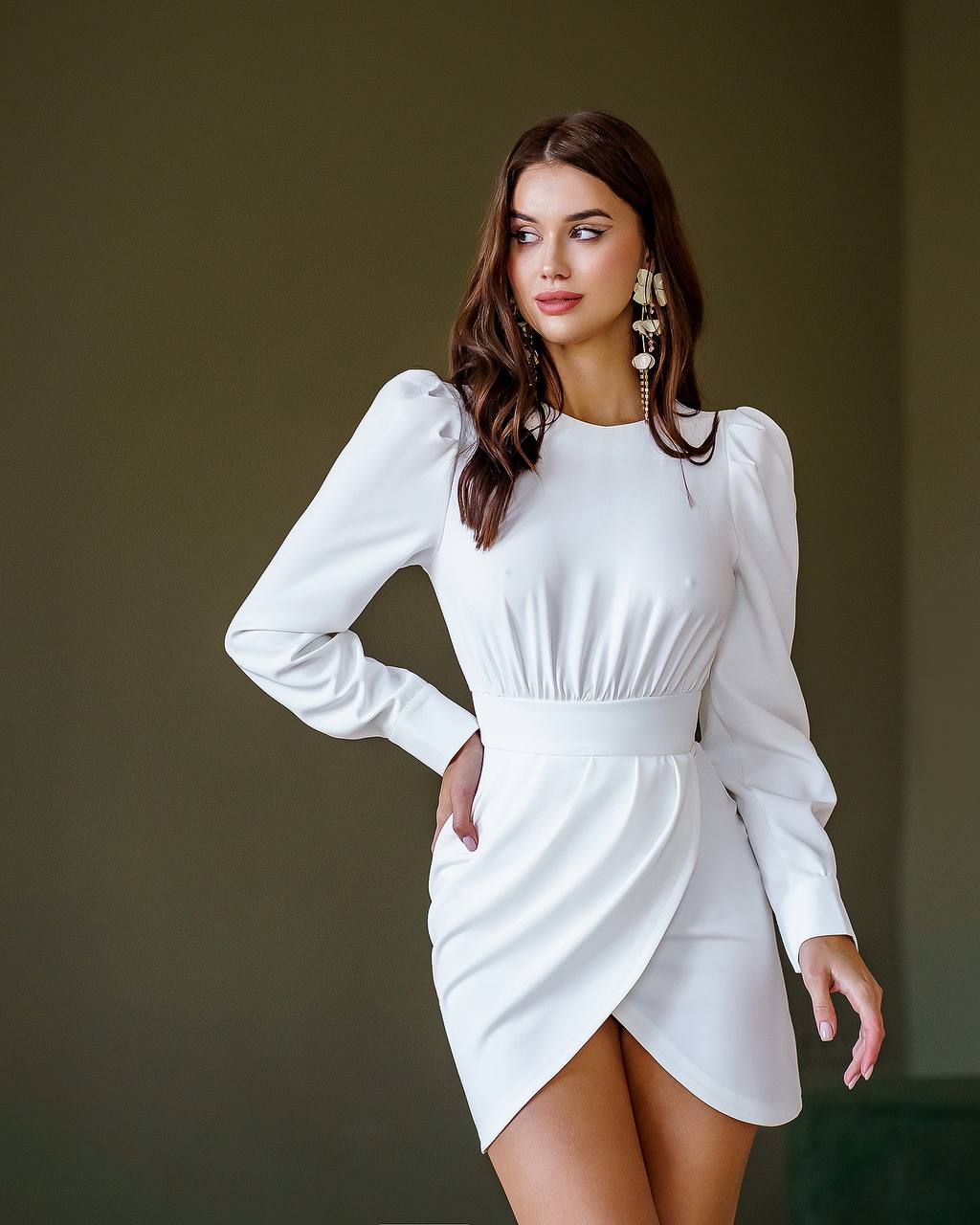 Elegant White Bianca Suiting Fabric Dress with Puff Long Sleeves