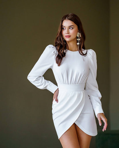 Elegant White Bianca Suiting Fabric Dress with Puff Long Sleeves