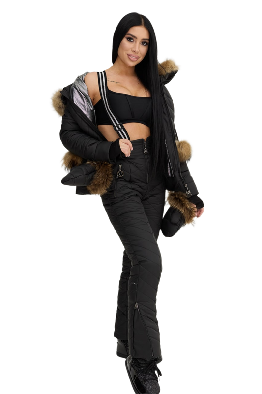 Womens Winter Warm Ski Suit with Siliconized Fiber Insulation and Natural Raccoon Fur