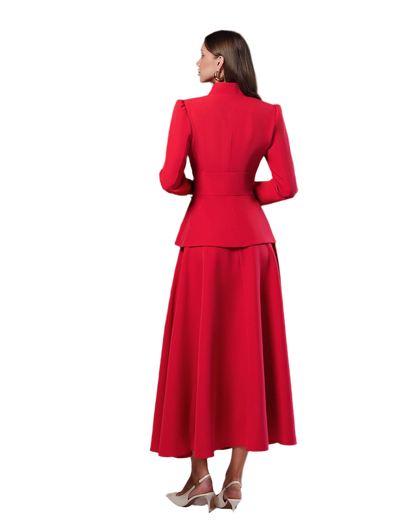 Womens Premium Suit Crepe Diagonal Jacket and Skirt Set in Red Milk and Black