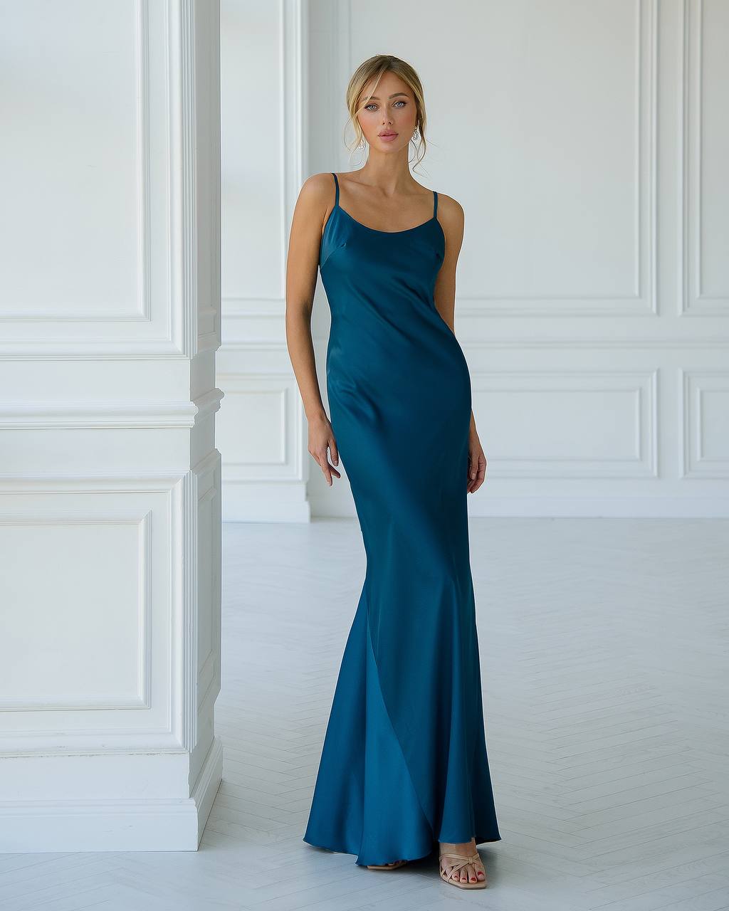 Long Satin Dress Slip for Women in Blue Premium Pandora Fabric