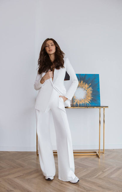 White Palazzo Suit Diagonal Crepe Womens Pantsuit with Premium Lining