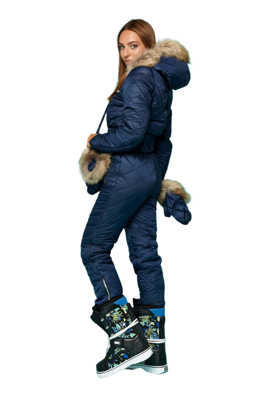 Womens Winter Ski Jumpsuit with Natural Raccoon Fur Trim