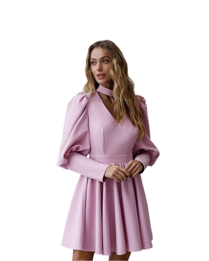 Elegant Pink Mini Dress with Full Skirt and Puff Sleeves