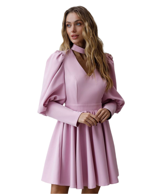 Elegant Pink Mini Dress with Full Skirt and Puff Sleeves