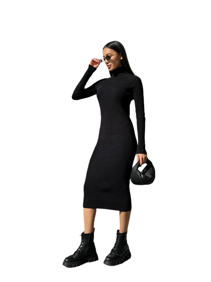 Seamless Midi Knitted Dress for Women with Long Sleeves