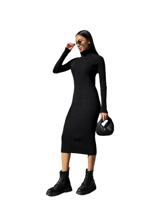 Seamless Midi Knitted Dress for Women with Long Sleeves