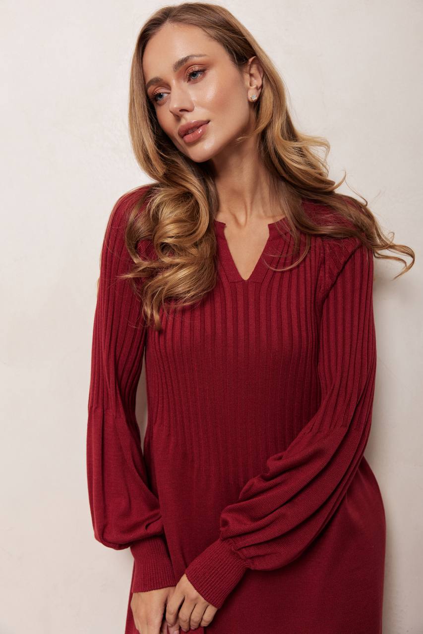 Woman wearing a burgundy ribbed dress against a plain background