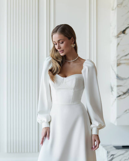 White Midi Dress with Cups and Long Puff Sleeves for Women