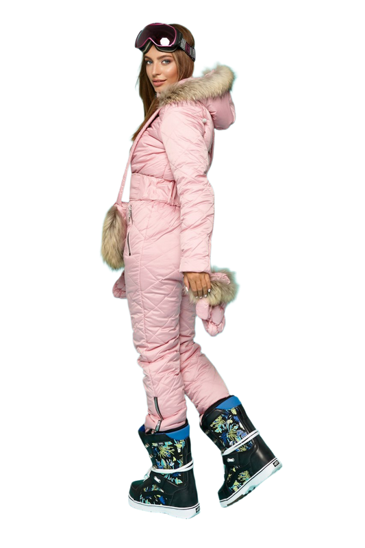Winter Women's Pink Ski Jumpsuit with Natural Raccoon Fur