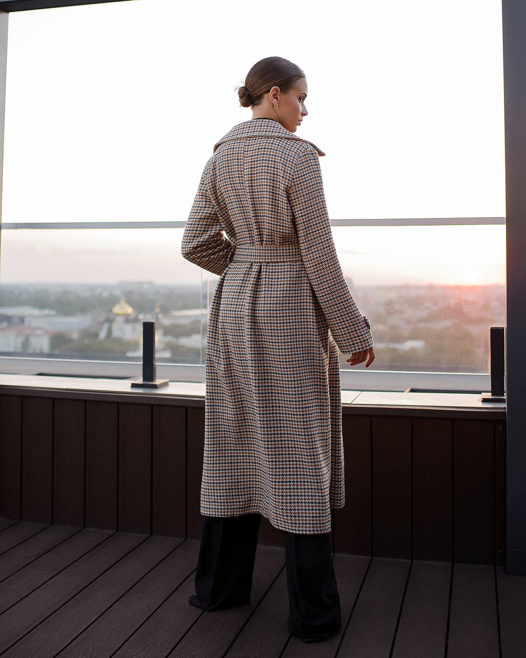 Womens Turkish Fabric Houndstooth Pattern Long Coat with Belt