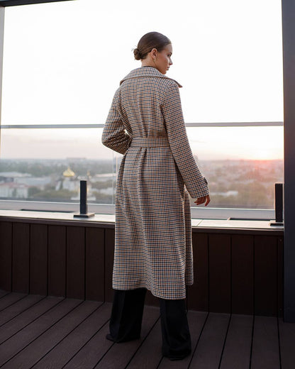 Womens Turkish Fabric Houndstooth Pattern Long Coat with Belt