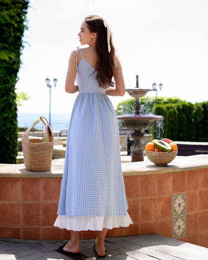 Cotton Checked Sundress with Crinkled Batiste Lining for Women
