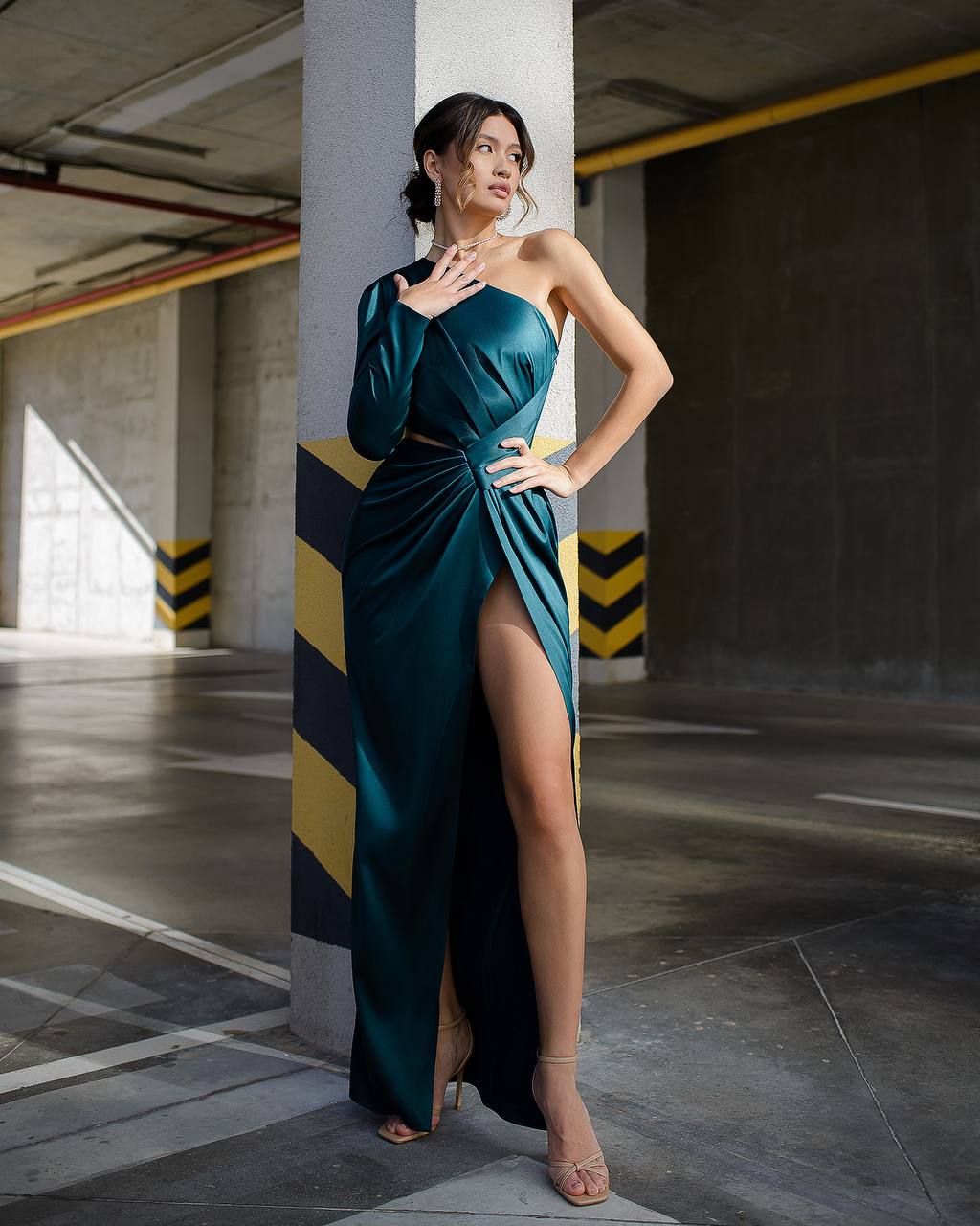 Elegant One Shoulder Maxi Dress in Premium Mango Satin