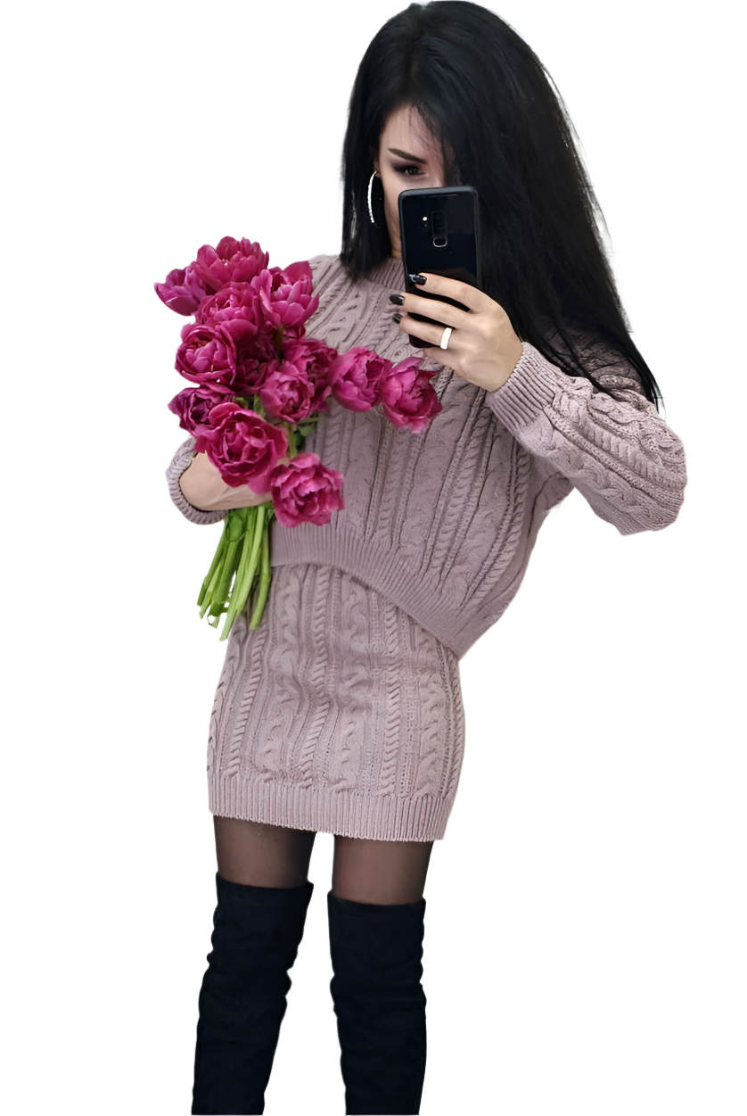 Womens Cable Knit Two Piece Suit Sweater and Skirt