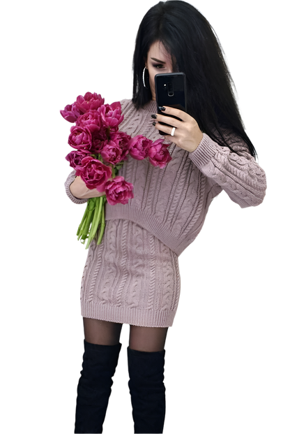 Womens Cable Knit Two Piece Suit Sweater and Skirt