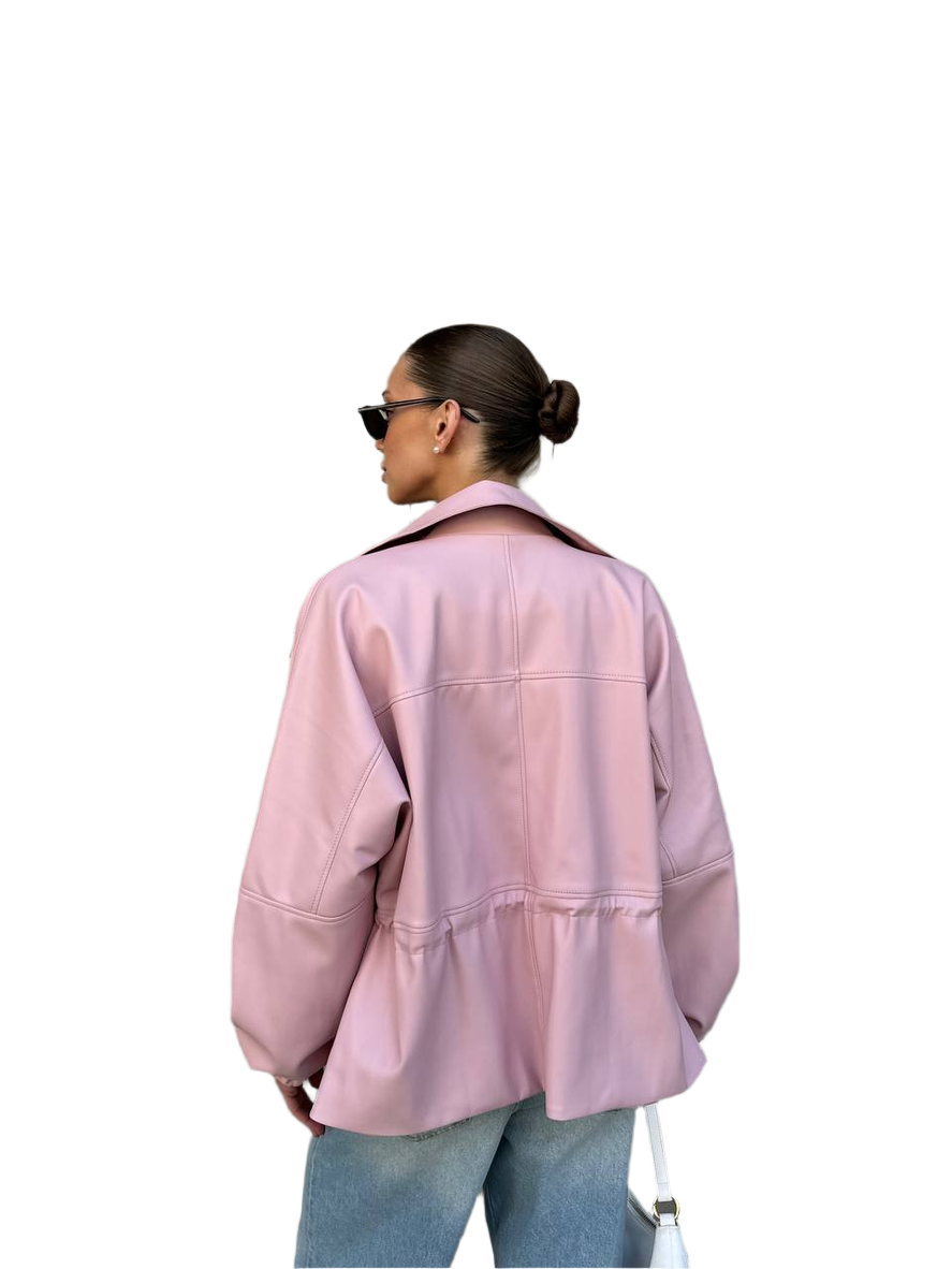 Person wearing a pink jacket and sunglasses on a white background
