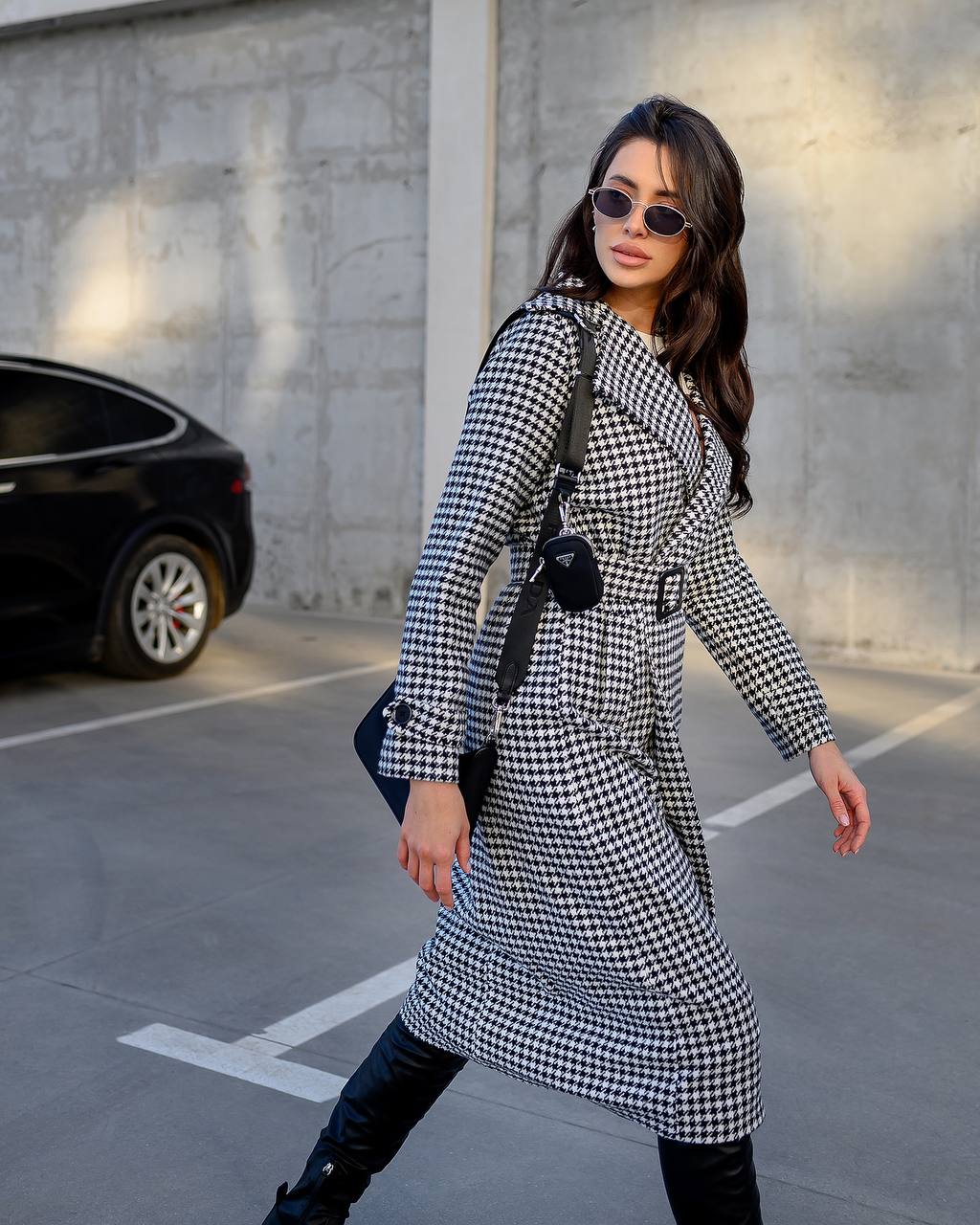 Womens Houndstooth Turkish Coat with Belt