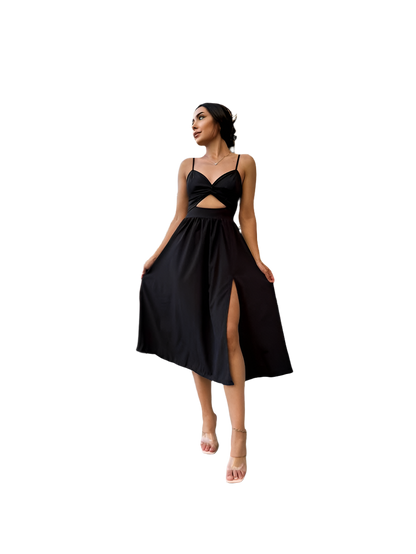 Elegant Black Soft Fabric Midi Dress with Side Slit and Cutout
