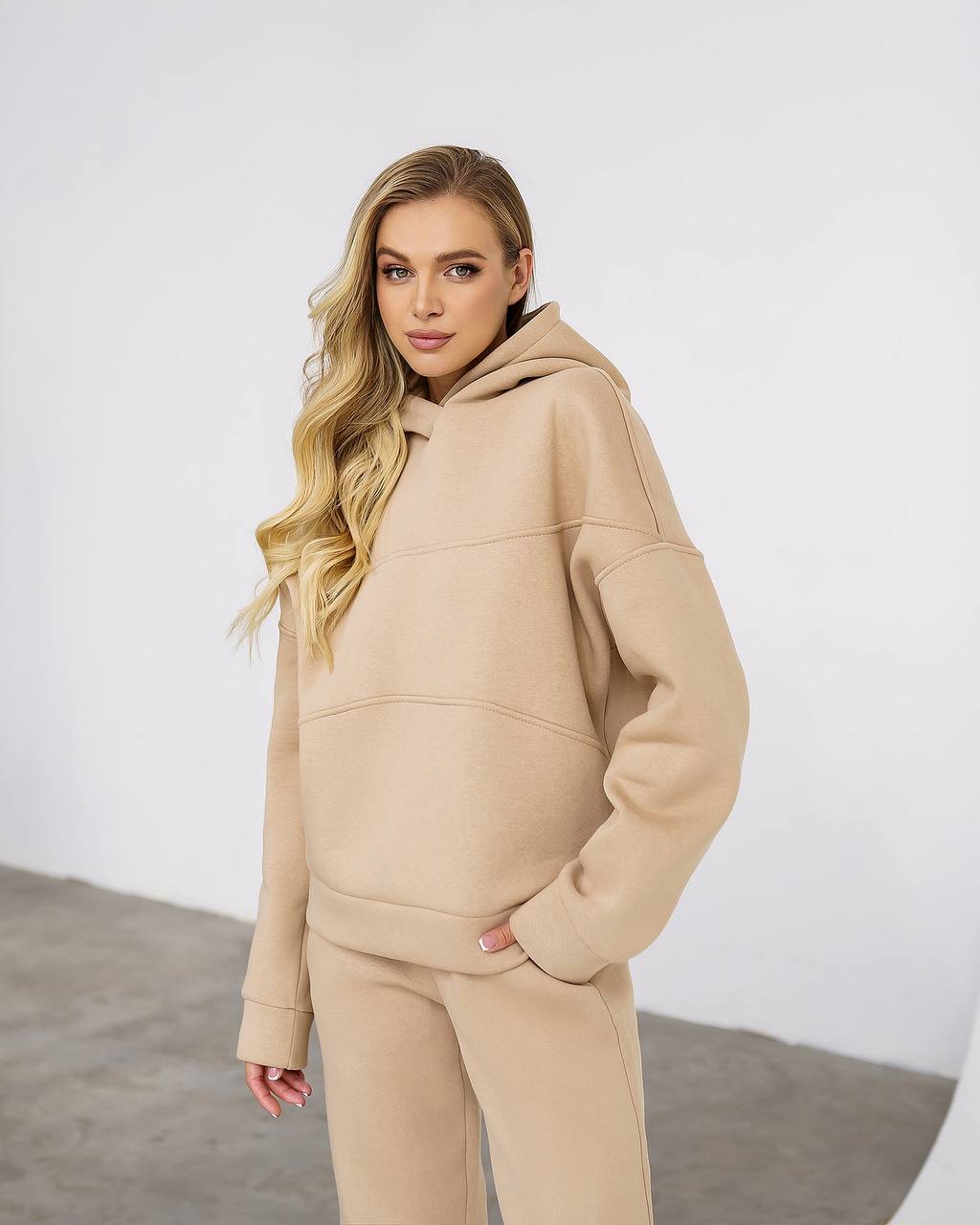 Womens Beige Lux Triple-Knit Fleece Suit with Double-Layered Hood