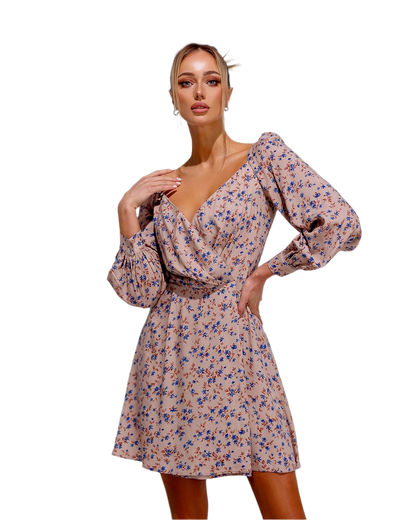 Staple Floral Print Dress for Women in Beige and Blue