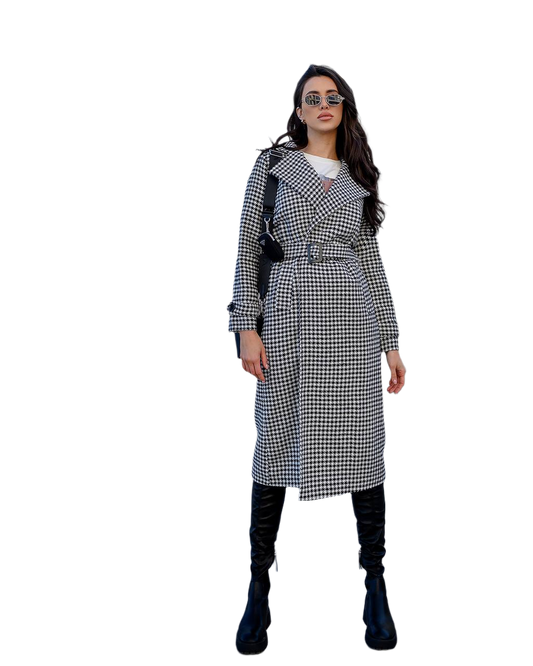 Womens Houndstooth Turkish Coat with Belt