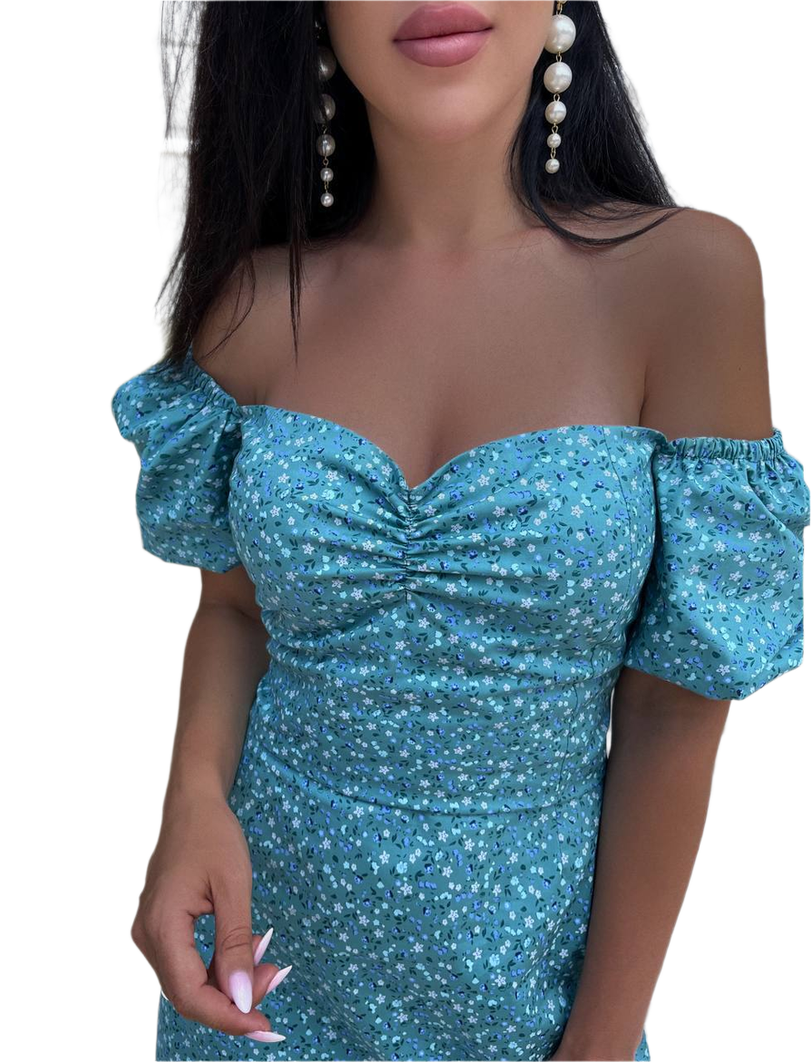 Teal off-shoulder dress with puff sleeves on a white background