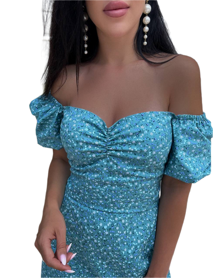 Teal off-shoulder dress with puff sleeves on a white background