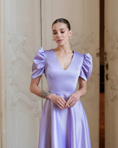 Elegant Puff Sleeve Satin Midi Dress in Lavender