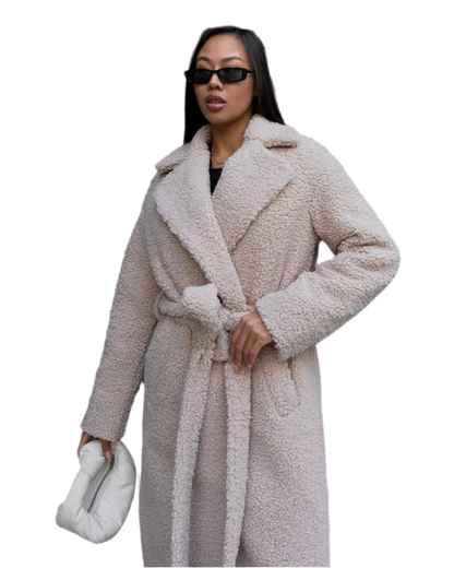 Winter Faux Fur Boucle Coat for Women with Belt Warm Insulated -15°C