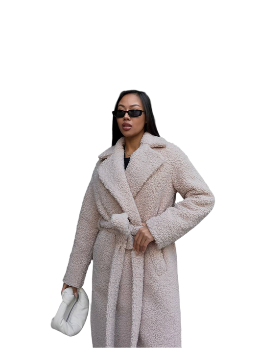 Winter Faux Fur Boucle Coat for Women with Belt Warm Insulated -15°C
