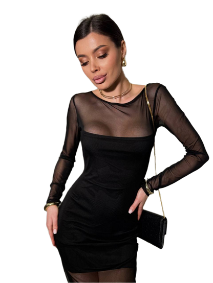 Woman wearing a black dress with sheer sleeves against a white background