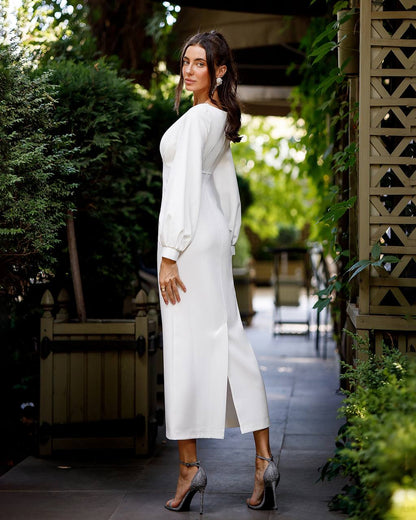 Elegant White Midi Dress for Women in Premium Suiting Crepe Fabric