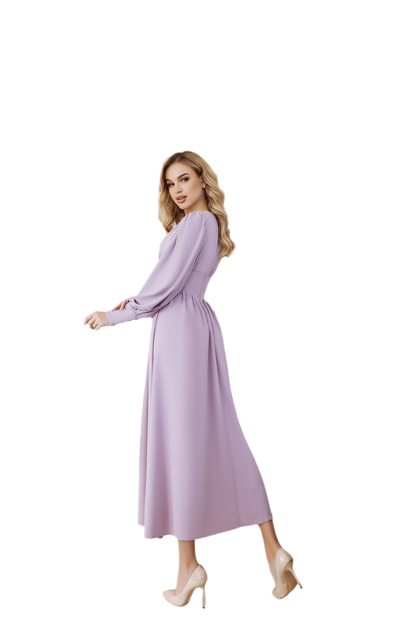 Woman wearing a long purple dress on a white background