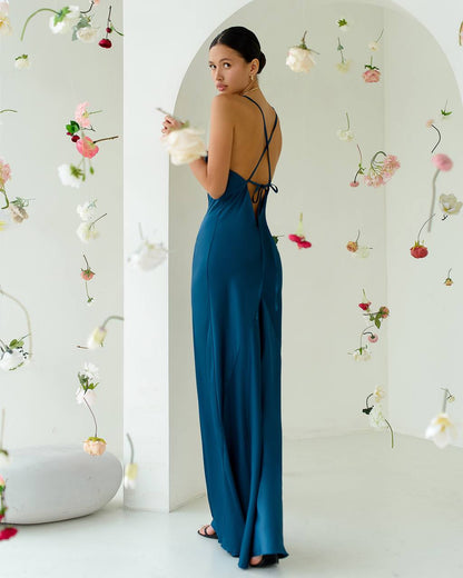 Long Satin Dress Slip for Women in Blue Premium Pandora Fabric