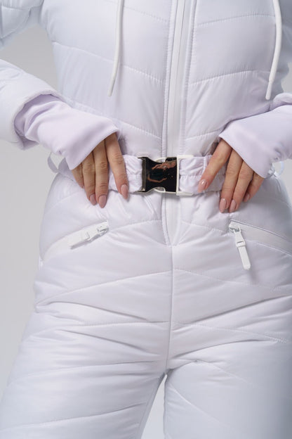 White puffer suit with a belt on a plain background