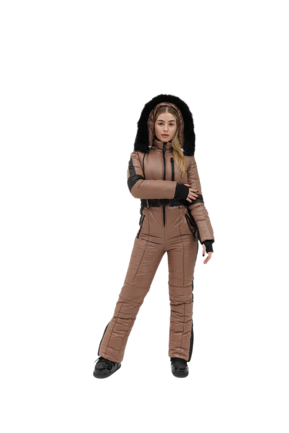 Person wearing a brown snowsuit with black accents on a white background