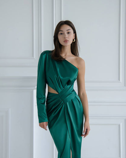 Women Midi Dress Asymmetric Sleeve Dense Mango Atlas Dress