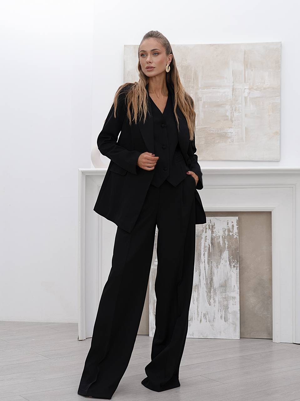 Black Women's Three Piece Suit Diagonal Crepe Lined Vest Jacket Trousers