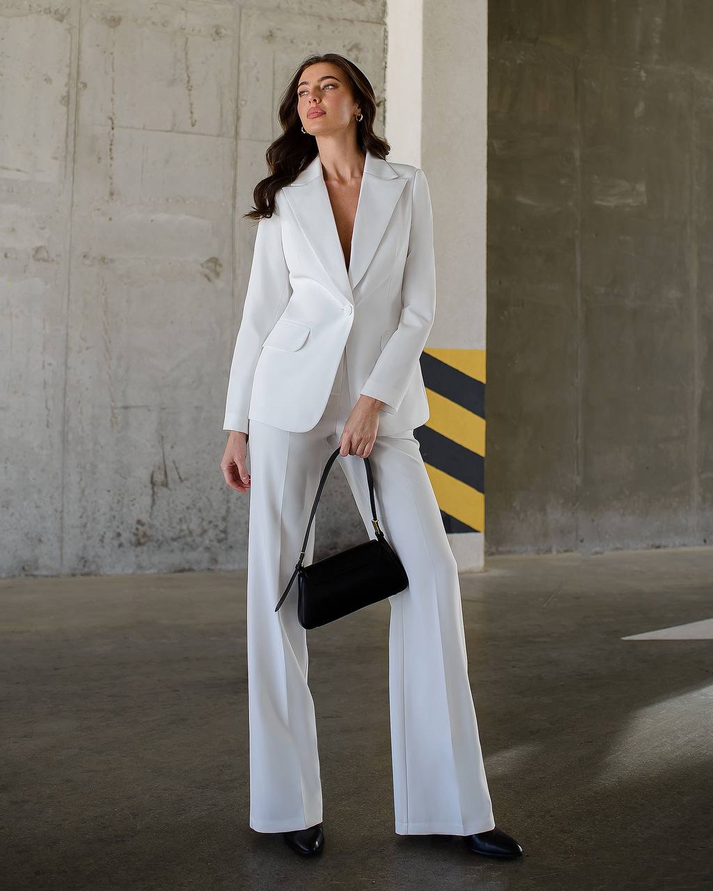 Womens Premium Diagonal Crepe Suit with Satin Collar in White