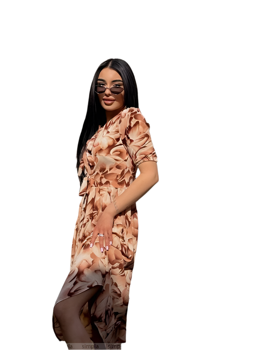 Woman wearing a floral dress on a white background