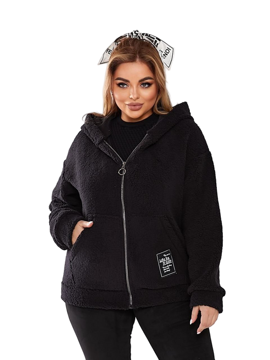 Teddy Jacket Black Hooded Faux Fur Zip Up Cozy Oversized