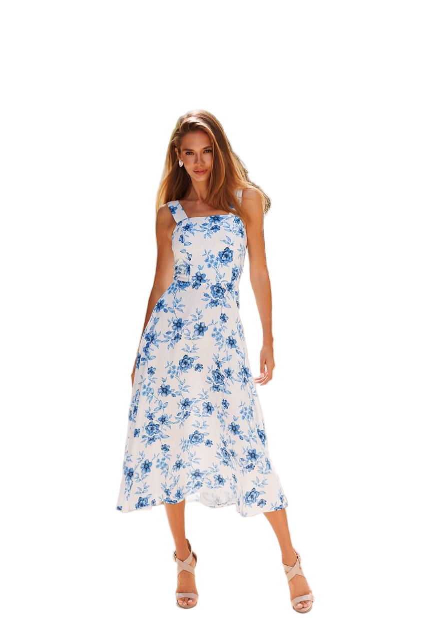 Blue Flowers Linen Midi Dress Women Summer Sundress